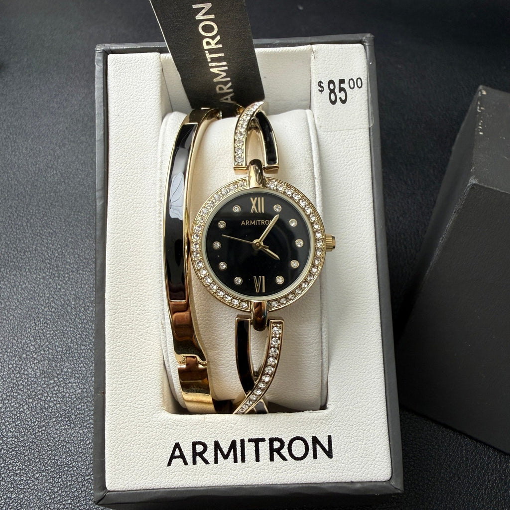 MSRP $85 Armitron 75/5720 Women's Gold/Black Tone Watch and Bracelet Set New B