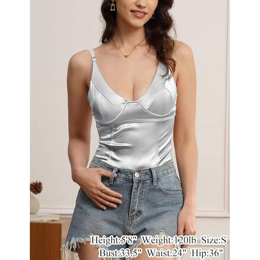 MSRP $31 Velius Women's L Sexy Silver Metallic Shiny Bodysuit Tank Top for Night