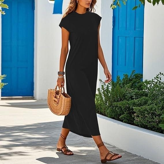 MSRP $20 TZDNI Women's M Black Summer Maxi Long Dress Mock Neck Sleeveless
