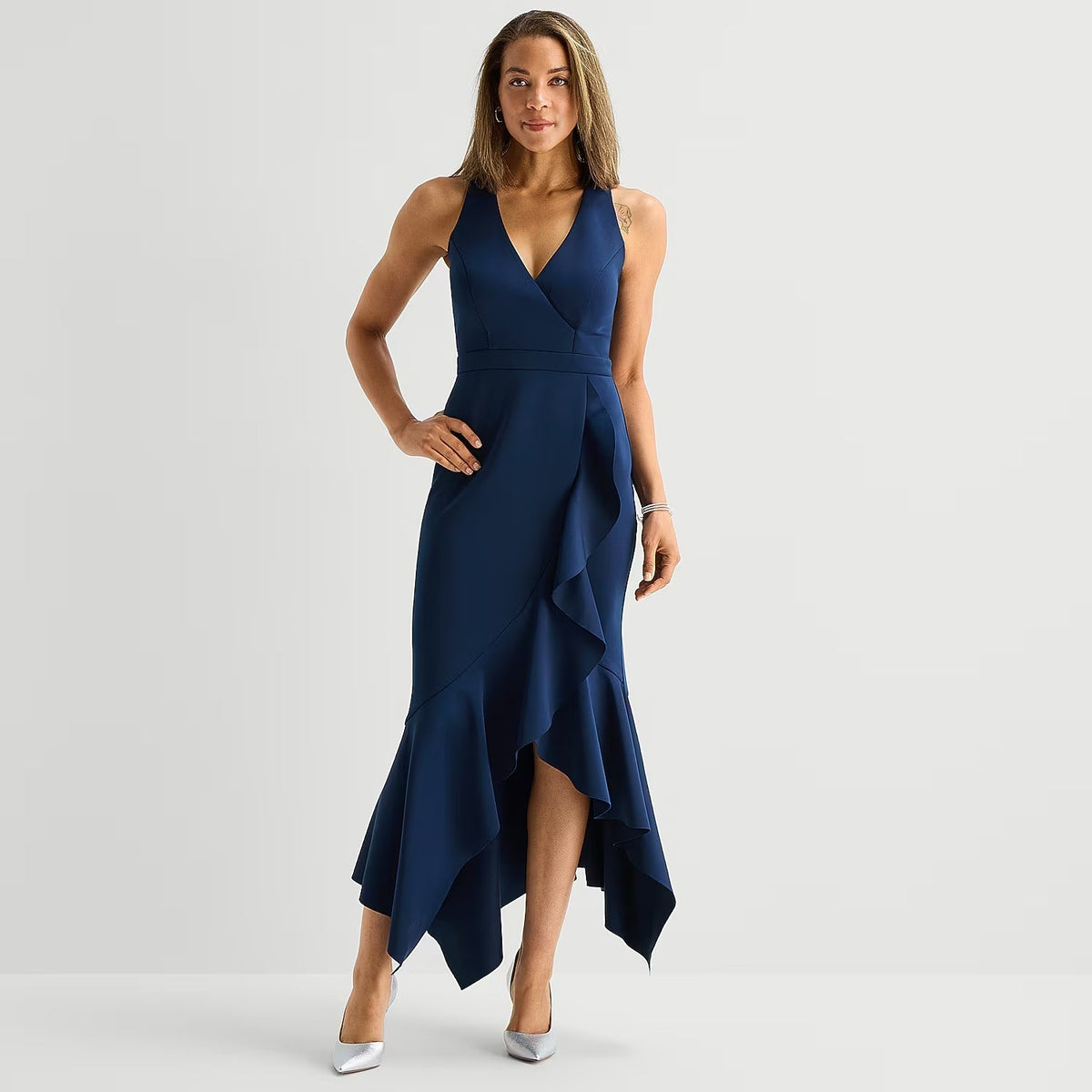 MSRP $110 DJ Jaz Women's 10, 14 Navy High-Low V Neck Sleeveless Evening Gown Dre