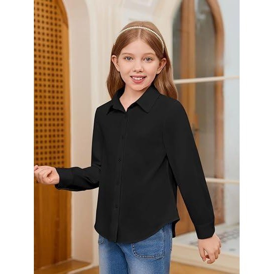 MSRP $20 Haloumoning Girls 11-12Y Black Button Down Shirts Kids Long Sleeve Sc