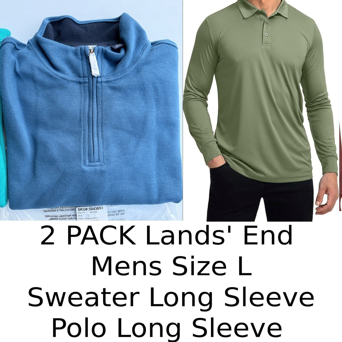 2 Pack Lands' End Mens L Long Sleeve - Simple Olive Polo & Evening Blue Sweater