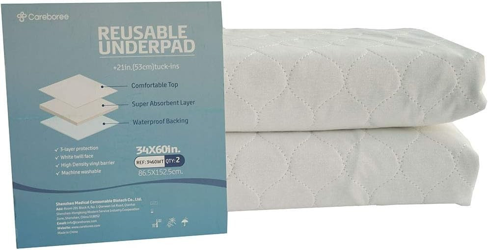 Pack of 2 Careboree Reusable Incontinence Bed Pads Queen 34"x60" Cotton Top, Tuc
