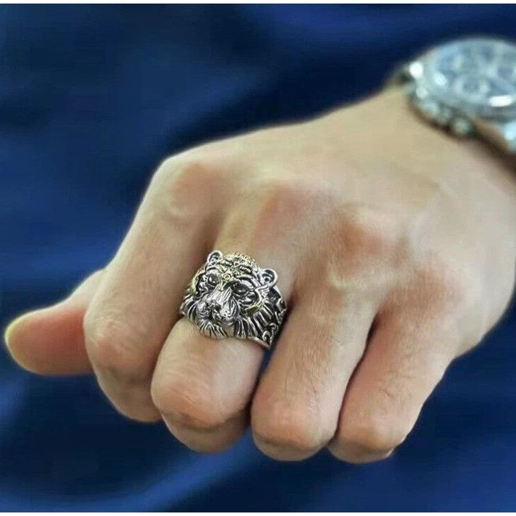 Tiger Head Ring Men's Two Tone Gothic Biker Rock Punk Size 9 Adjustable 8-10