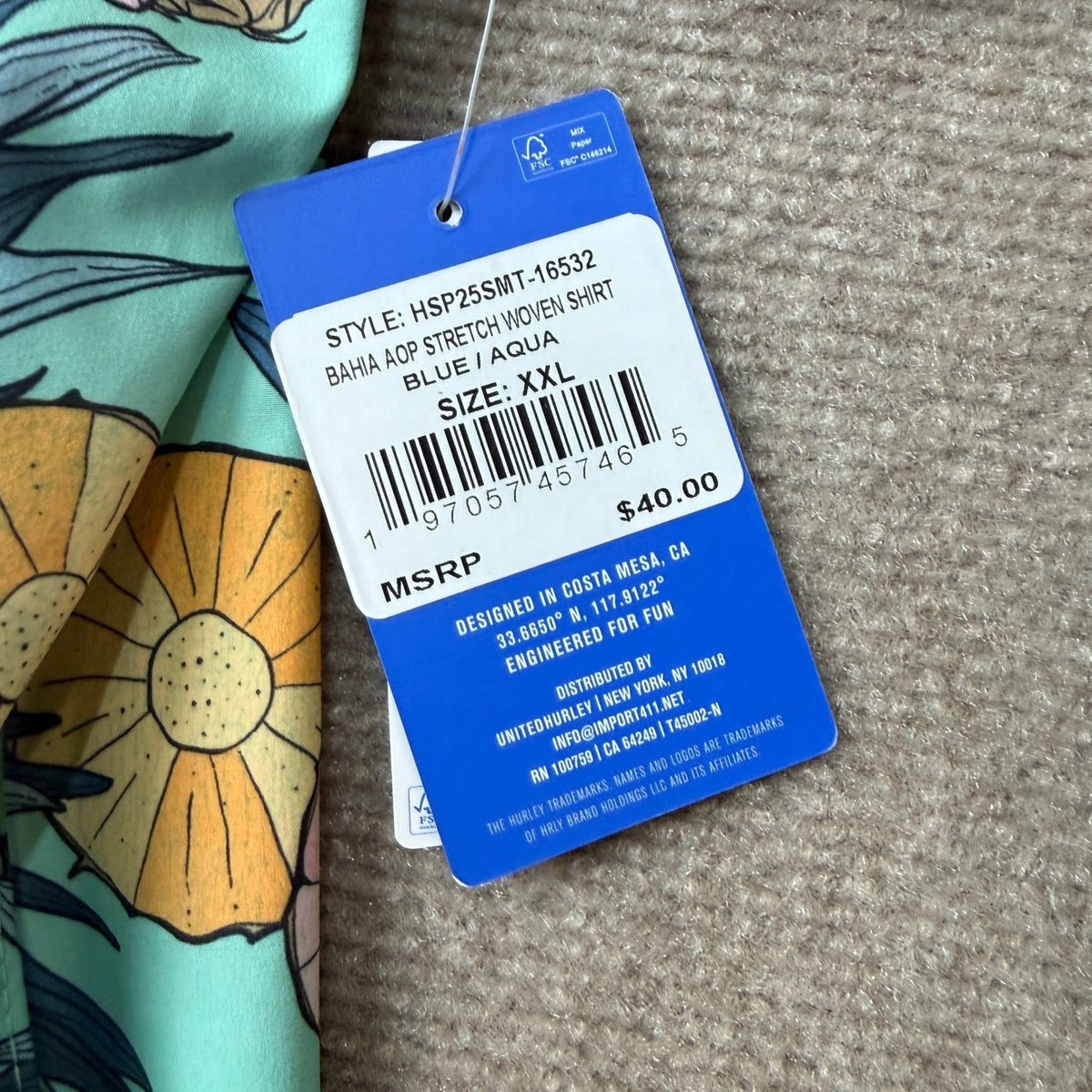 MSRP $40 Hurley Mens XXL Blue Aqua Bahia Pineapple Woven Button Up Shirt Short