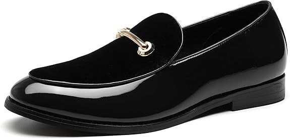 Santimon Men's US 10 Black Casual Smoking Loafers Suede Patent Leather Shoes