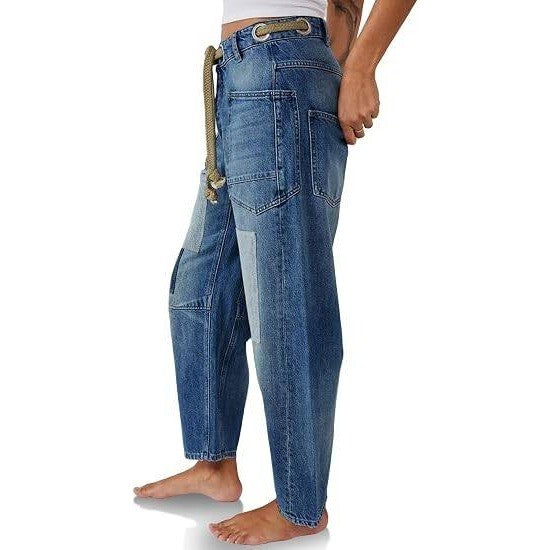PLNOTME Womens 10 Blue Baggy Barrel Horseshoe Jeans Wide Leg Patchwork Low