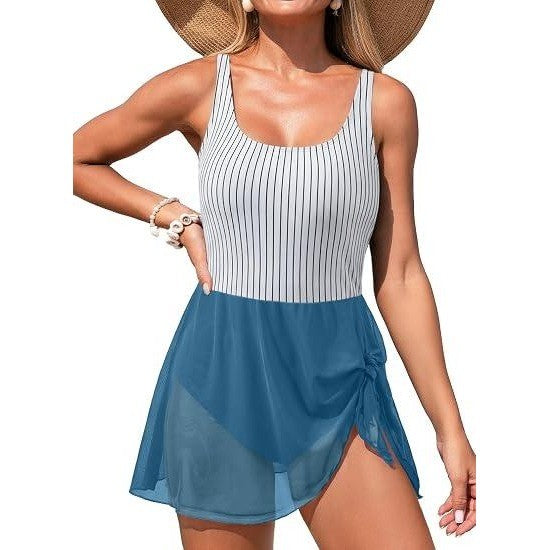 MSRP $36 Aleumdr Womens XL Sky Blue Stripe One Piece Swimdress Swimsuit Tumm