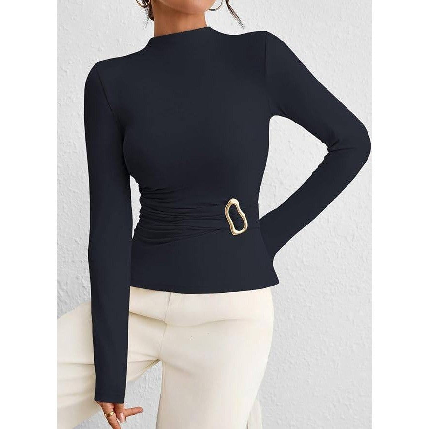 Pink Queen Women's M Long Sleeve Shirt Mock Neck Cinched Waist Fit Top Navy