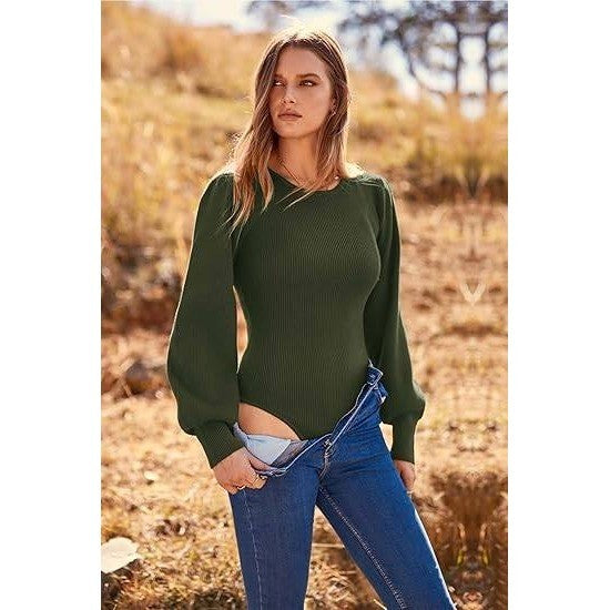 MSRP $43 MASCOMODA Women's S Army Green Long Puff Sleeve Bodysuit Crewneck
