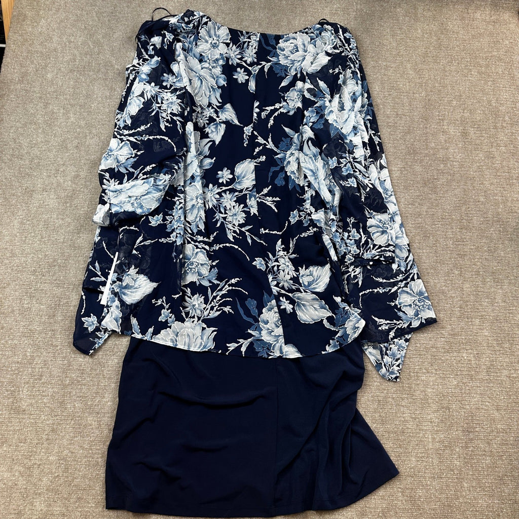 Studio One Womens XL Navy Denim 3/4 Sleeve Floral Faux-Jacket Dress With Removab