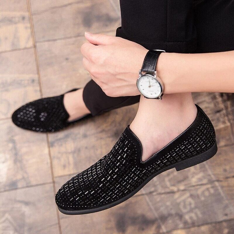 Santimon Men's US 8 Black Rhinestone Slip On Loafers Formal Dress Shoes