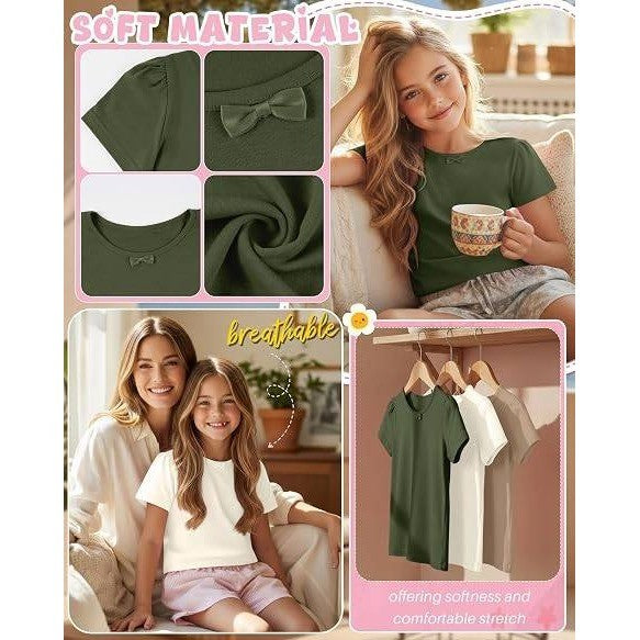 NWT LessonZoo 3 Pack Girls 7-8Y Cream/Khaki/Olive Green Bow Crewneck Tees Short