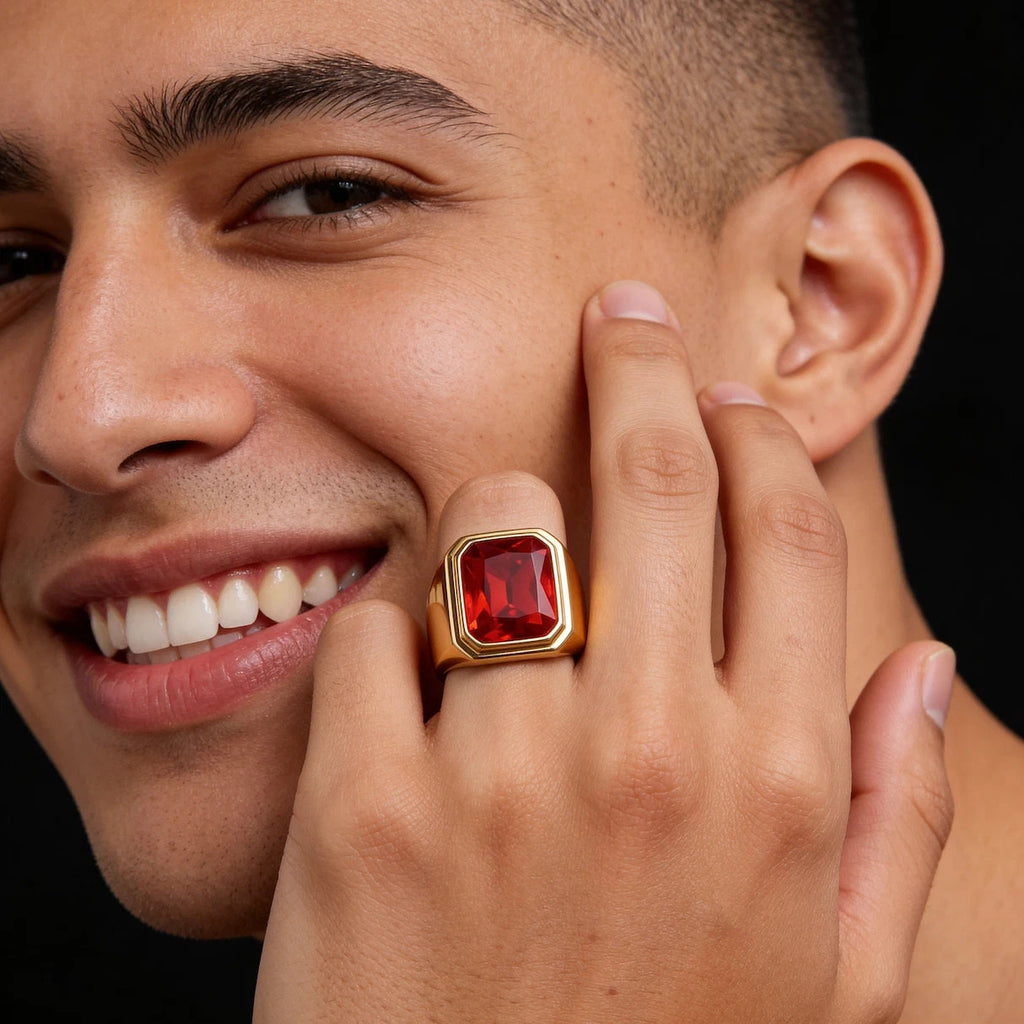 Men's Gold Tone Red CZ Square Stone Ring Stainless Steel Statement Size 8-12