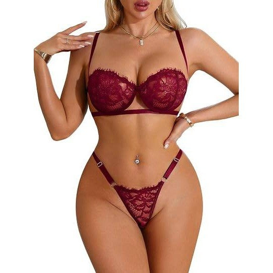 MSRP $20 Lilosy S Burgundy Red Two Piece Sexy Eyelash Underwire Floral Lace