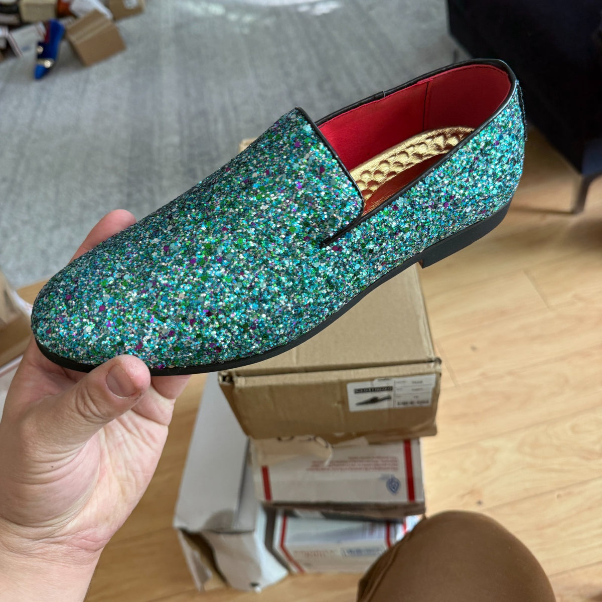 Santimon Men's US 7 - 12.5 Cyan Glitter Slip On Loafers Sequin Dress Shoes