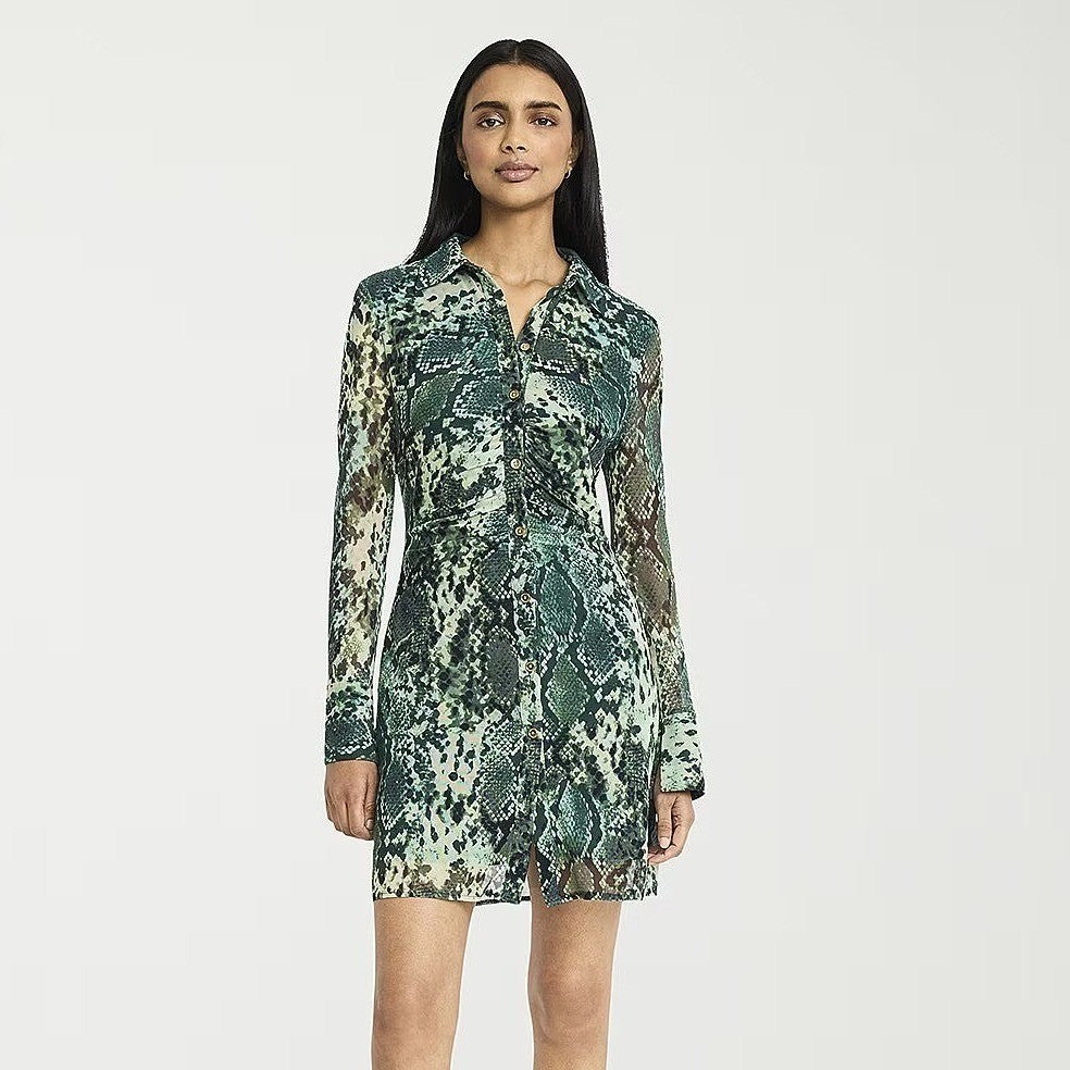 MSRP $89 Donna Morgan Womens 4 Eden Green Snake Print Button Down Shirt Dress