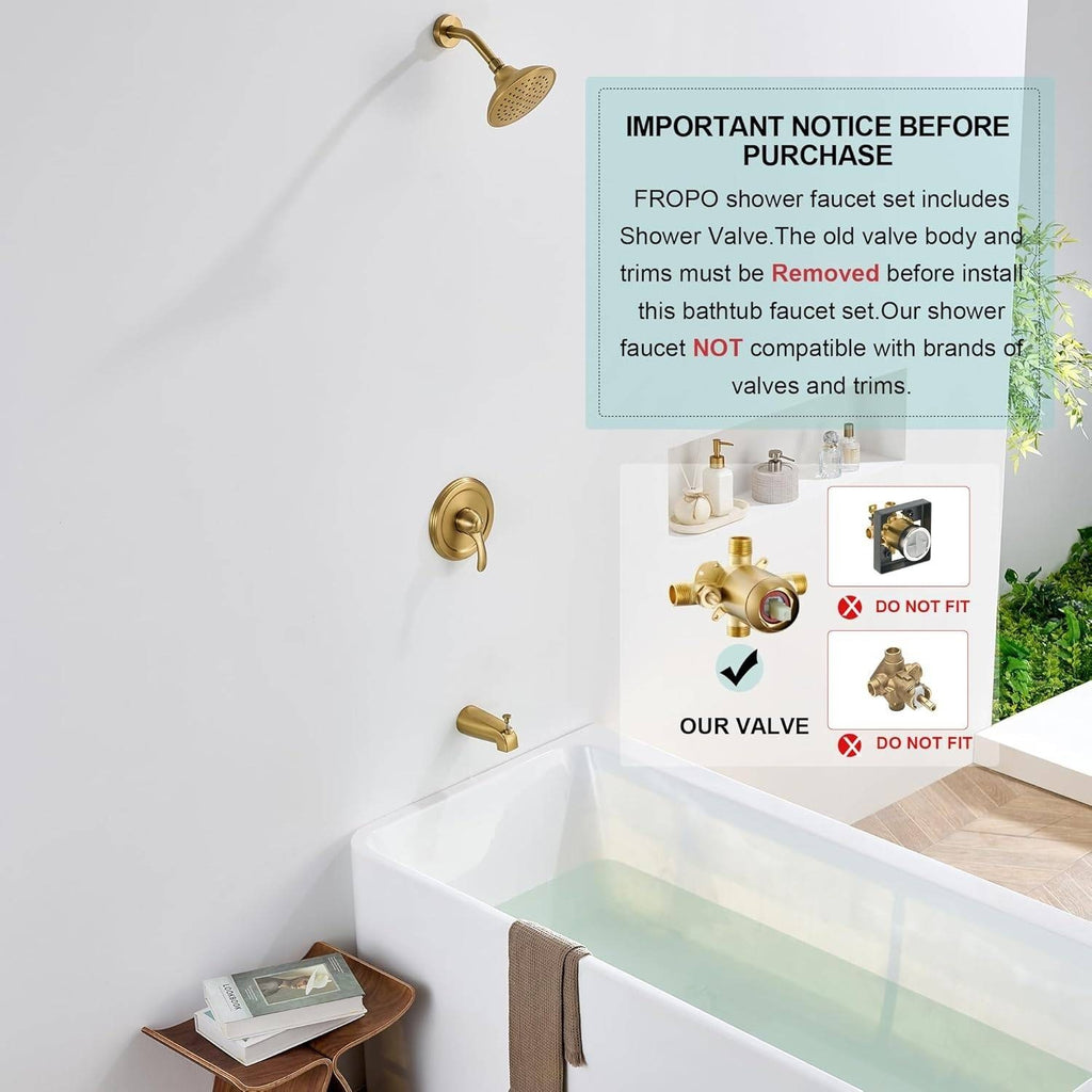 FROPO SF-02B Brushed Gold Shower Tub Faucet Set with Valve, 6" Gold Shower