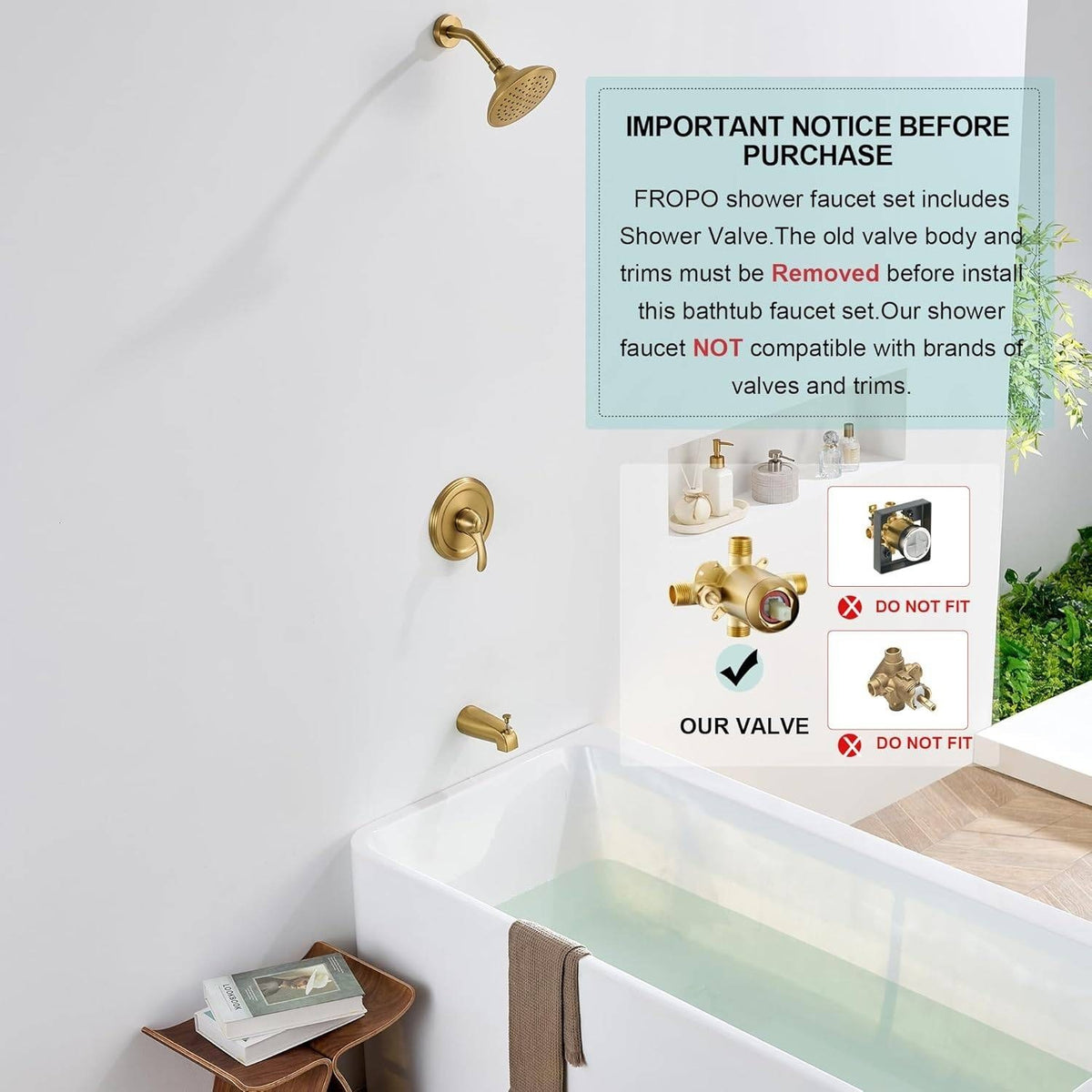 FROPO SF-02B Brushed Gold Shower Tub Faucet Set with Valve, 6" Gold Shower