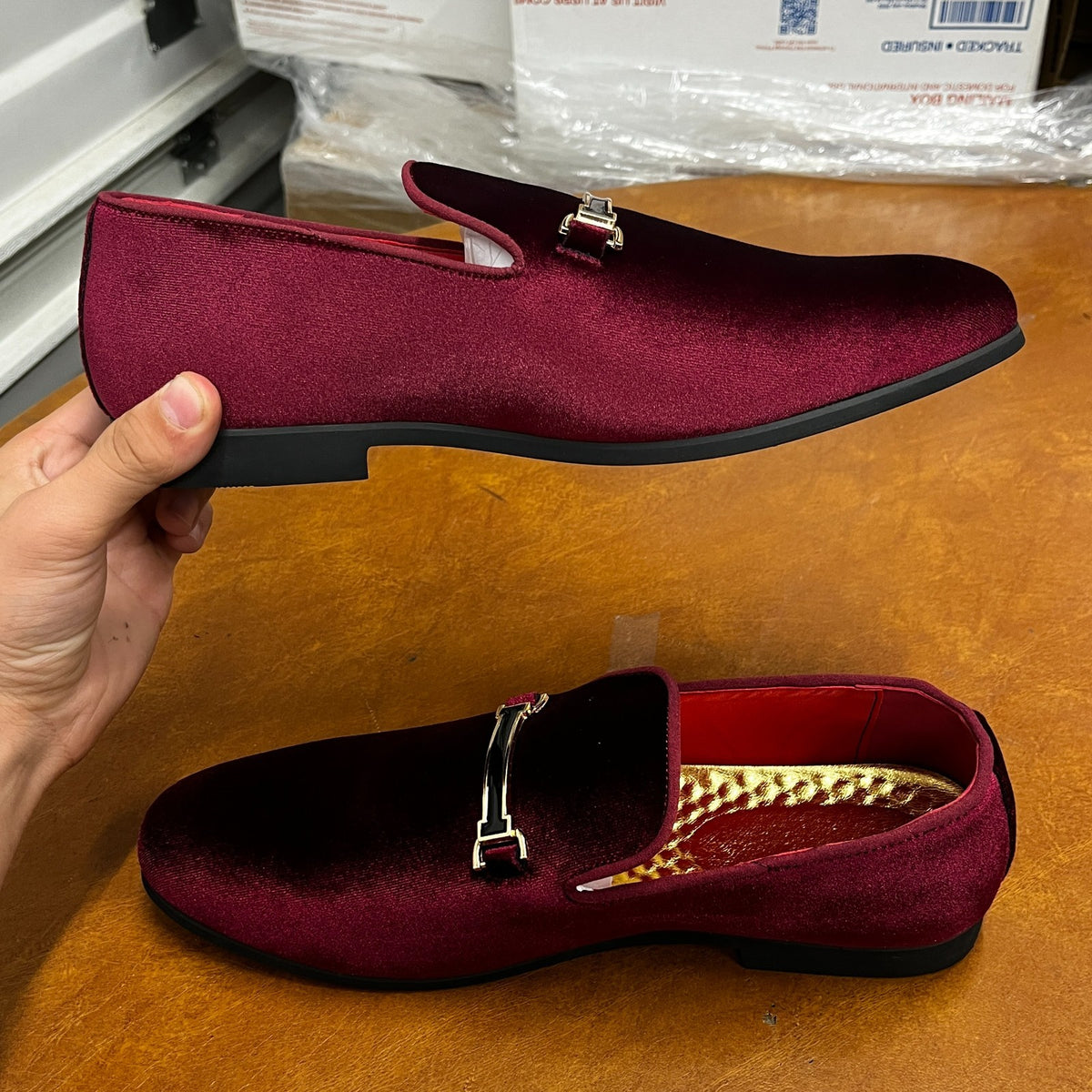 Santimon Men's US 8 - 10 Red Dress Loafers Velvet Horsebit Buckle Moccasin Shoes