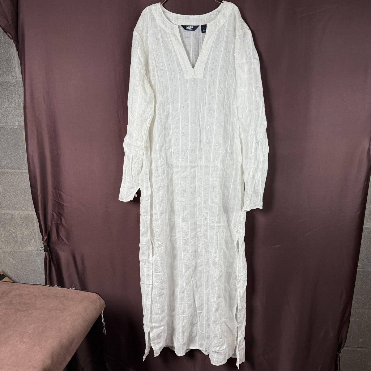 Lands' End Women's S-1X Texture V-Neck Long Sleeve Maxi Cover-up Dress