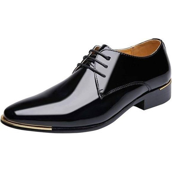 Santimon Men's US 8 Black Patent Leather Lace Up Pointed Toe Oxford Shoes