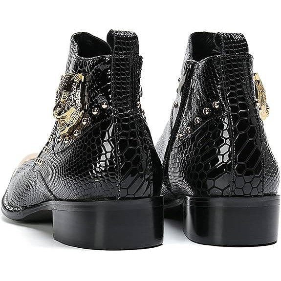 Santimon Mens US 6.5 Black Textured Leather Western Metal Tip Zipper Ankle Boots
