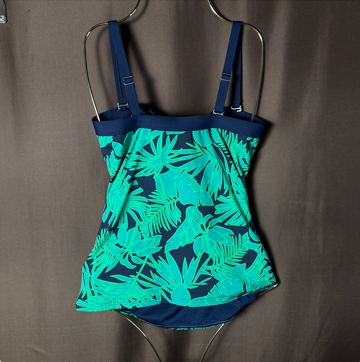 Lands' End Women's 2 LONG Bandeau Tankini Swimsuit Top Tropical Print Navy/Emera