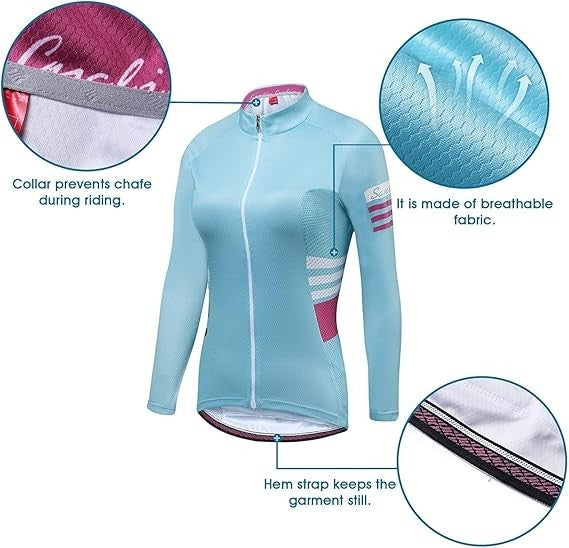 NWT Santic Olivia Women's M Blue Cycling Jersey Long Sleeve Full Zip, Rear Pocke