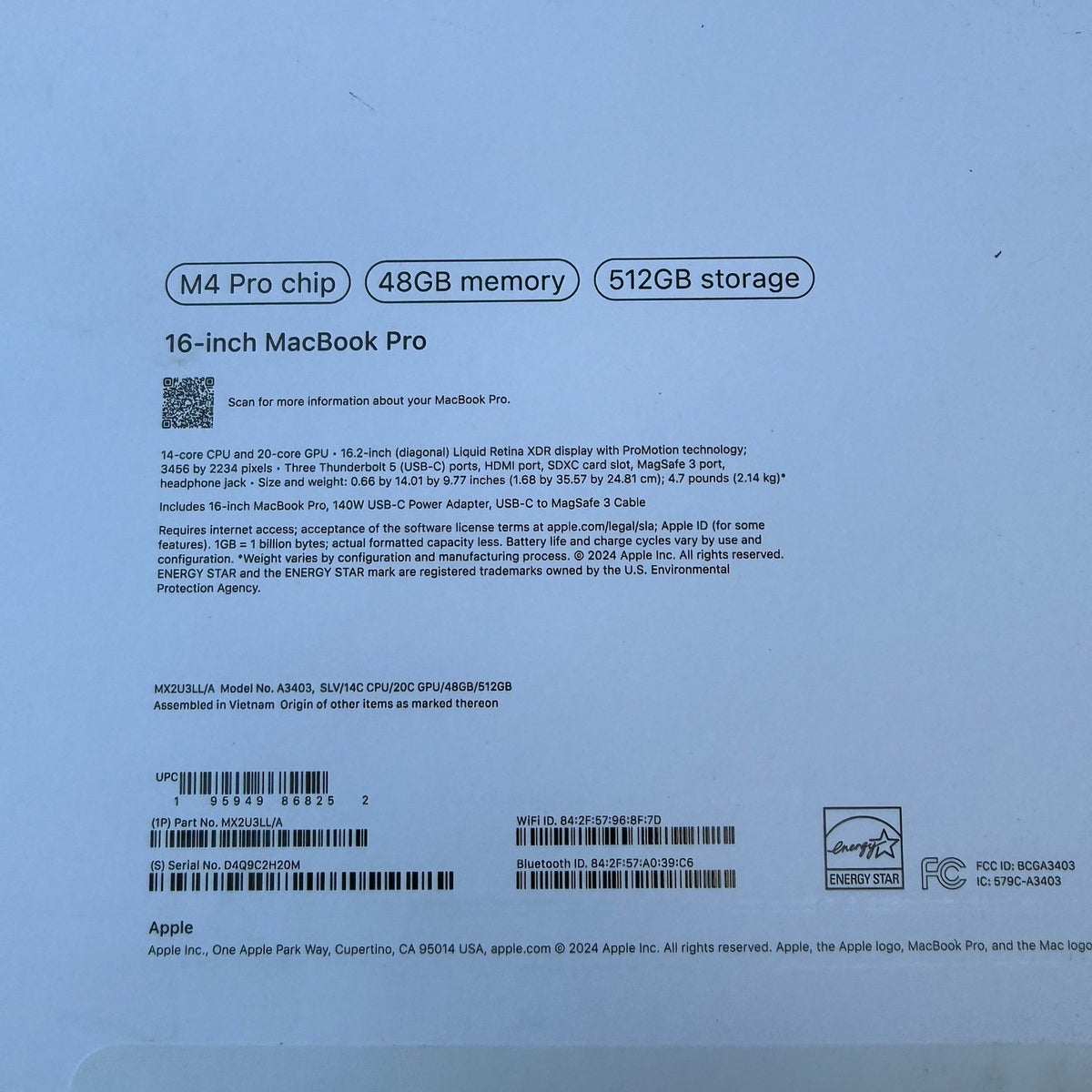 Apple MacBook Pro 16 M4 Pro 48GB 512GB Silver A3403 MX2U3LL/A EMPTY BOX ONLY