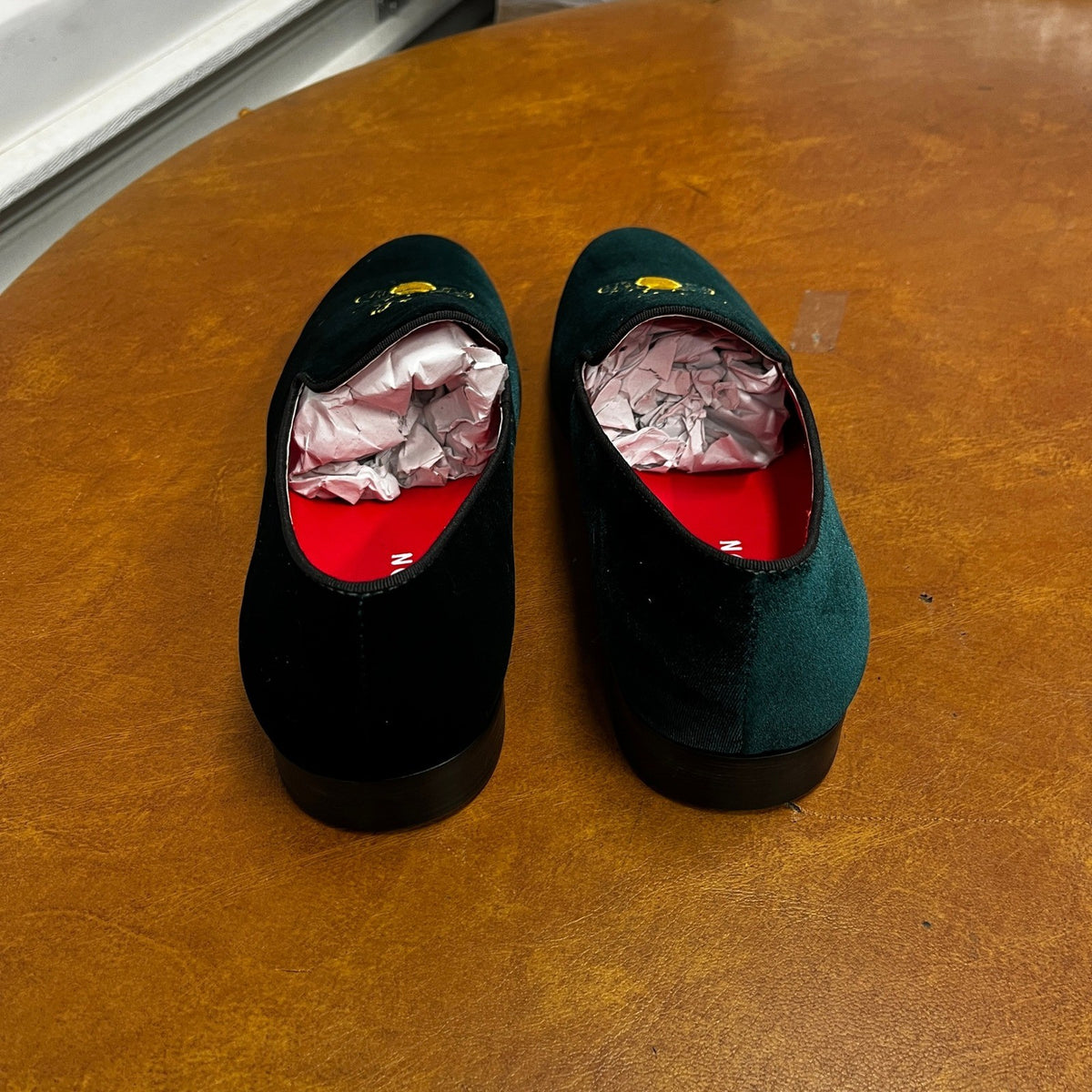 Santimon Mens US 9 Green Velvet Loafers Slip-on Casual Dress Shoes w/ Embroidery