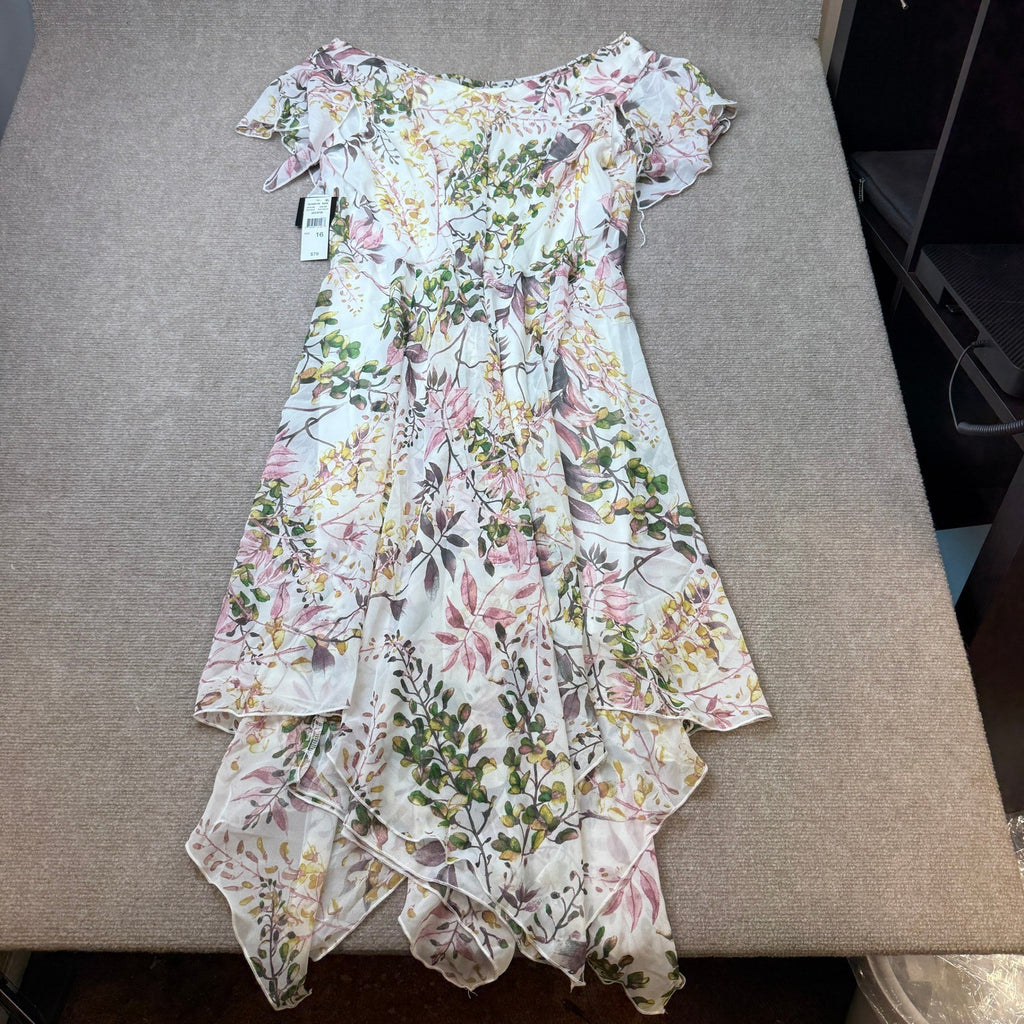 MSRP $79 Robbie Bee Womens 16 Ivory Multi Floral Midi Dress Draped Neck Short
