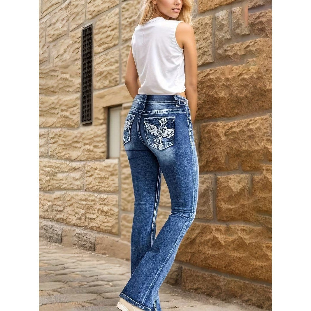 Women's XXL Blue Bootcut Flare Jeans High Waist Cross Wing Embroidered Back