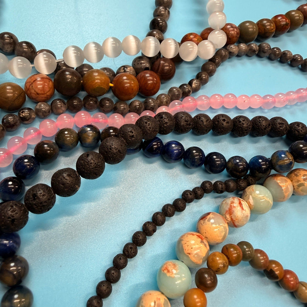 Set of 10 Natural Gemstone Round Beads Strands 15" Sizes 6,8,10 mm 12oz №B24