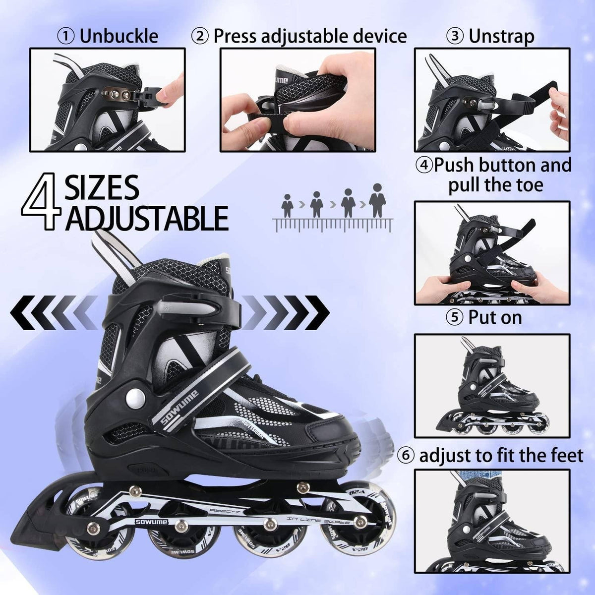 Sowume Black Sz S Adjustable Inline Skates for Little Kids Girls and Boys, Rol