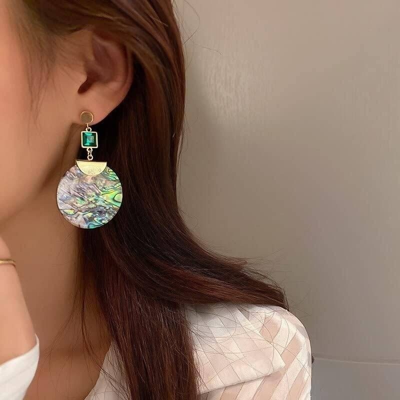 New Vtg Green Glass Tassel Drop Earrings Metal Shell Statement Jewelry for Women