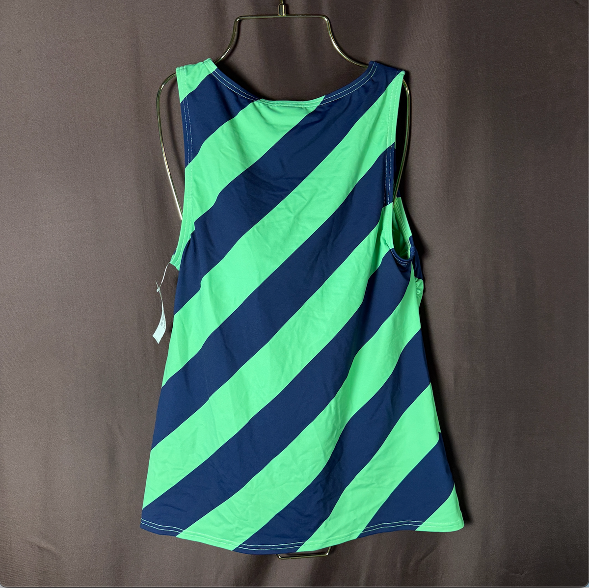 Lands' End Women's 4, 2-4 LONG Striped High Neck Tankini Top Swimwear Navy/Green