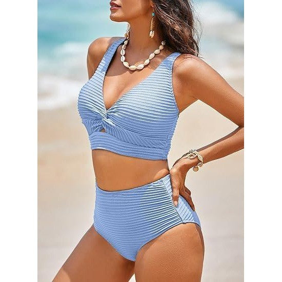 MSRP $47 Herseas Women's L Sky Blue Textured Bikini Set Two Piece Twist Front