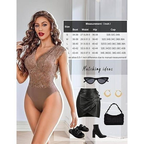 MSRP $26 Avidlove Women's S Brown Lace One Piece Bodysuits Sexy V Neck Sheer