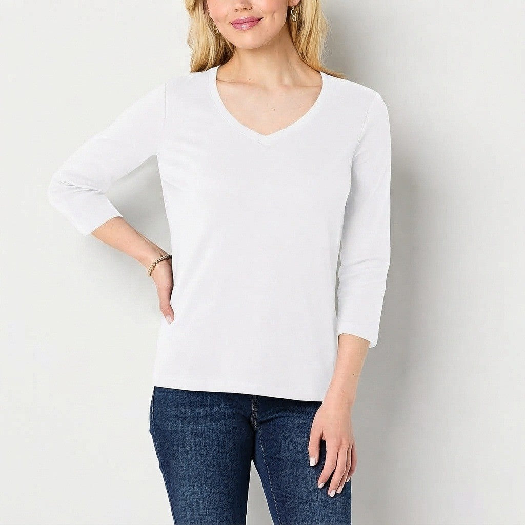 NWT St. John's Bay Womens L Tall White V Neck 3/4 Sleeve T-Shirt