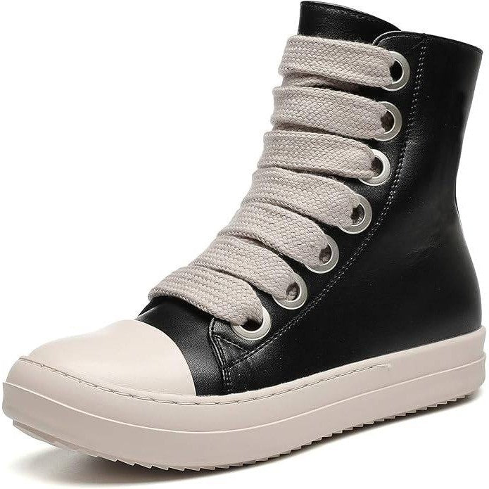 Vintage Women's US 7 Black Platform PU Leather Shoes Lace Up High Top Sneaker