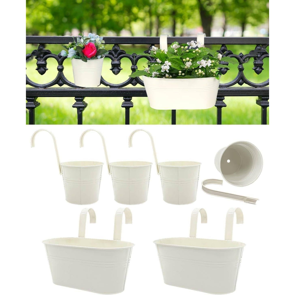 Set of 6 - 2x 10.8" Metal Railing Planter & 4x 5" Balcony Hanging Flower Pots