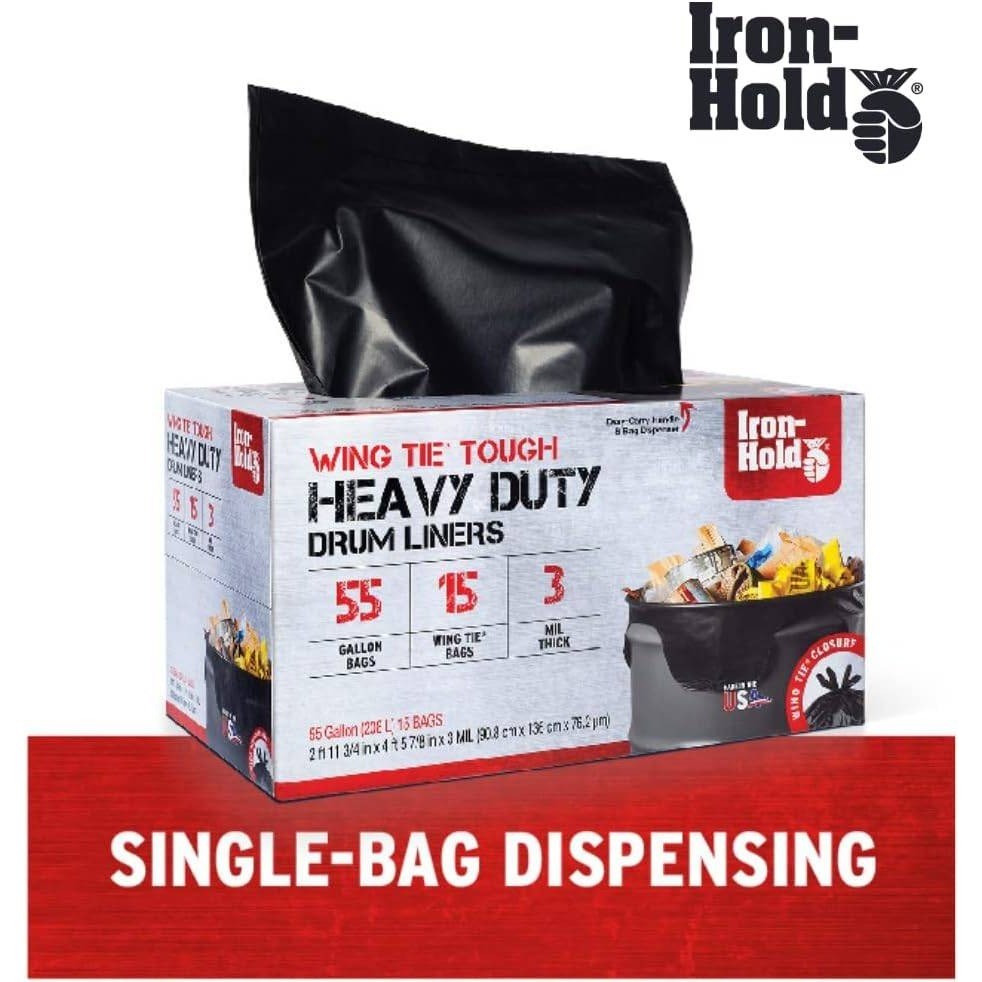 Iron Hold 55 Gallon Heavy Duty Contractor Trash Bags 15 Count 3 Mil Thick, Blac