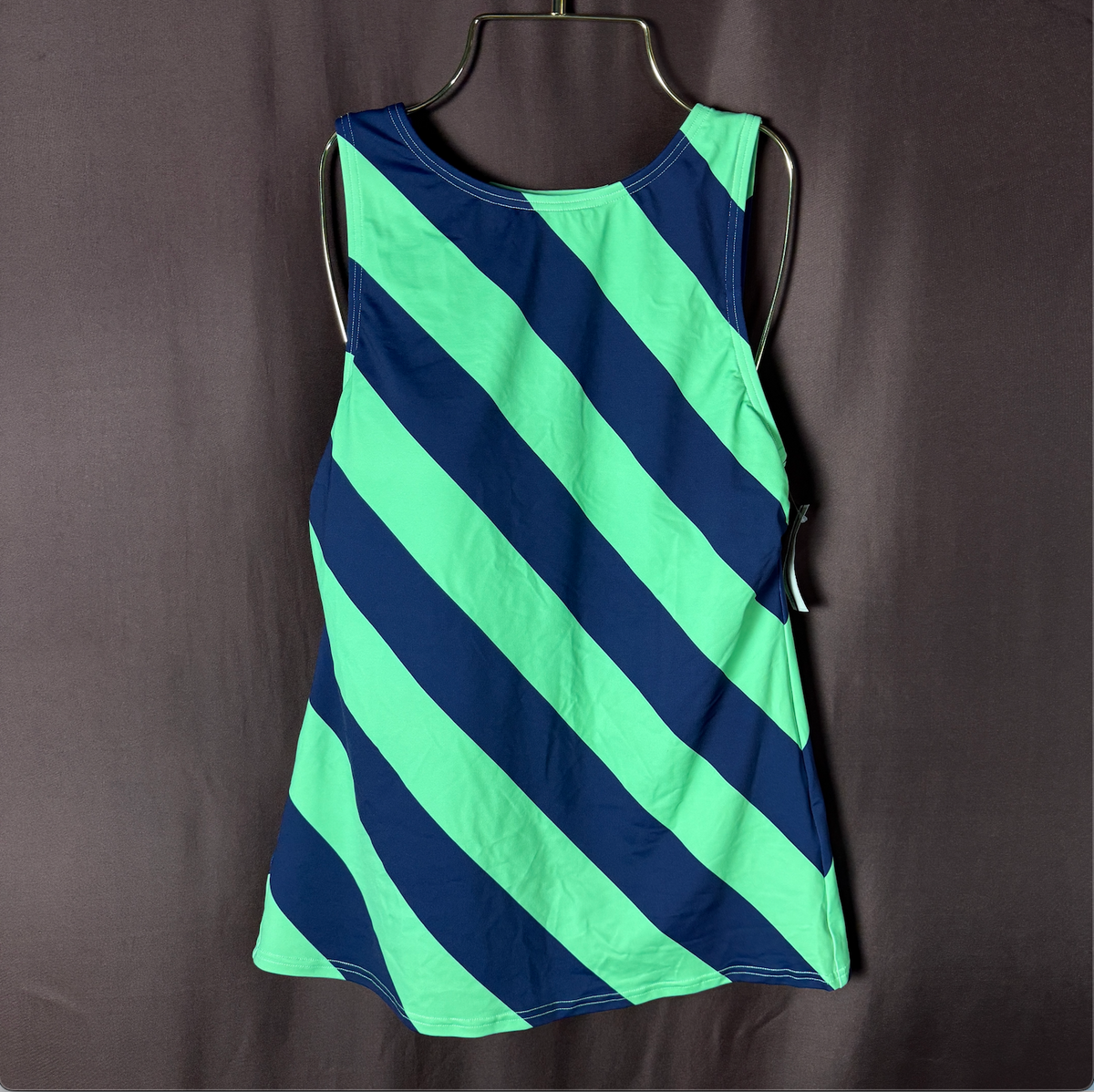 Lands' End Women's 4, 2-4 LONG Striped High Neck Tankini Top Swimwear Navy/Green