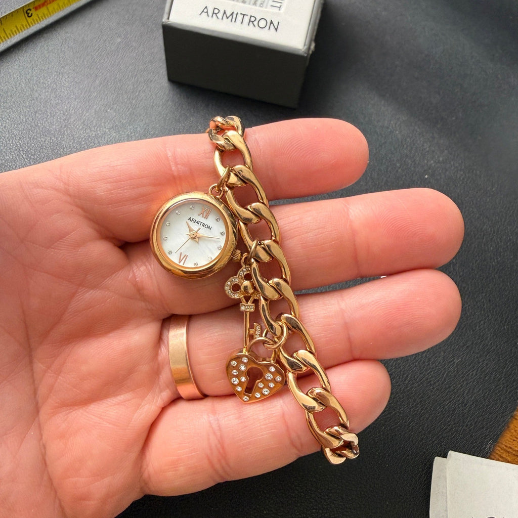 MSRP $90 Armitron Women's 75/5620RG Rose Gold Key & Lock Charm Watch New Batte
