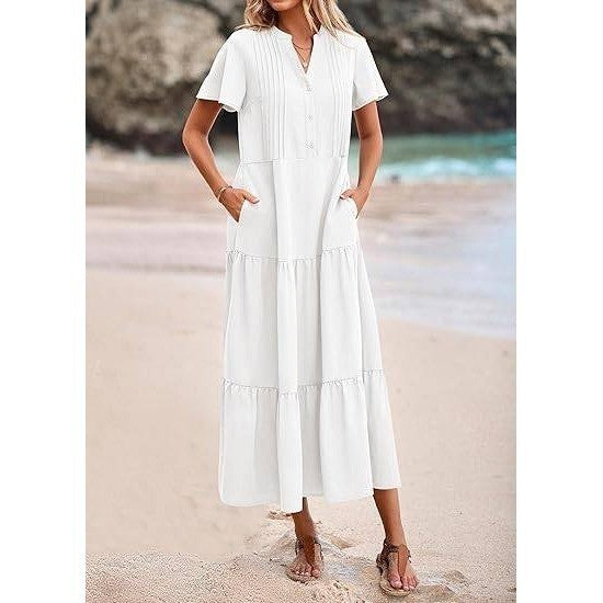 MSRP $53 KIRUNDO Women's White L Summer Maxi Dresses Spring Fashion Short Slee