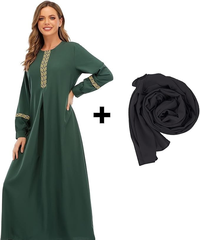 Abetteric Women's Muslim Abaya Dress w/ Hijab Zipper Islamic Robe Pockets Maxi
