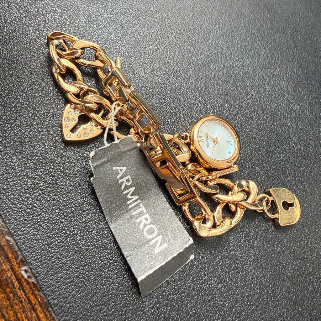MSRP $90 Armitron 75/5620RG Rose Gold Key & Lock Charm Ladies Watch New Battery