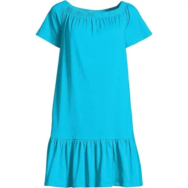 Land's End Womens M-2X LONG Off the Shoulder Ruffle Hem Blue Swim Cover-up Dress