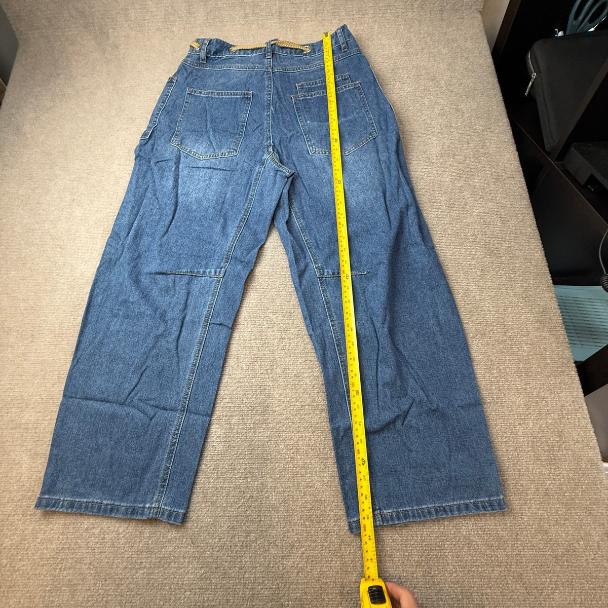 PLNOTME Womens 10 Blue Baggy Barrel Horseshoe Jeans Wide Leg Patchwork Low